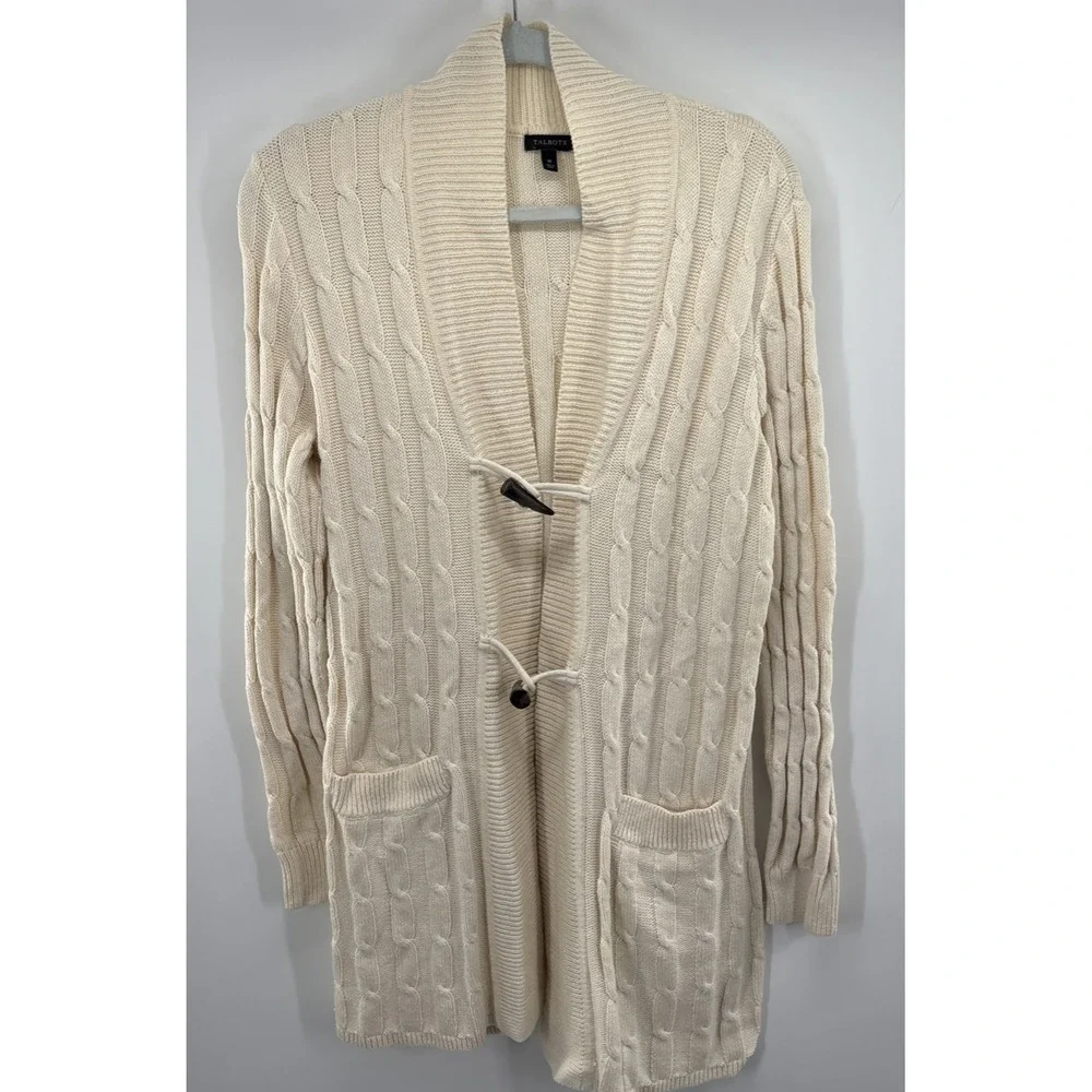 Talbots Women Cardigan Long Sweater Ivory Wooden Button Accent Wool Blend Medium